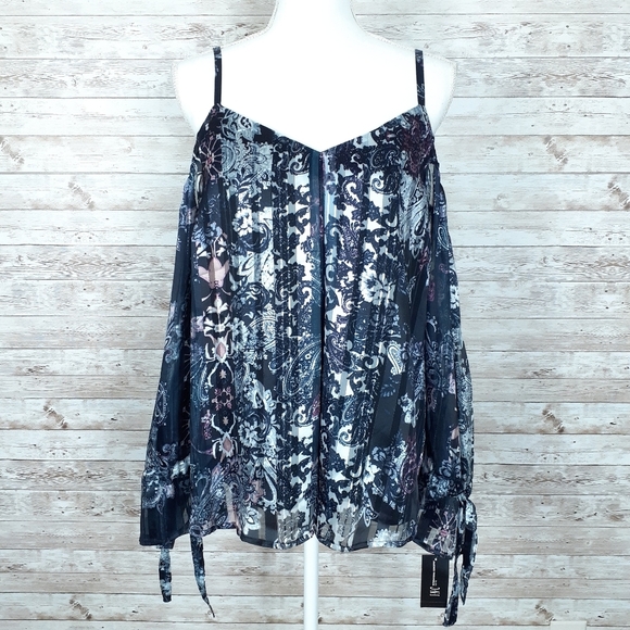 INC Cold Shoulder Top Blouse PL Paisley Navy 712 - Picture 2 of 7
